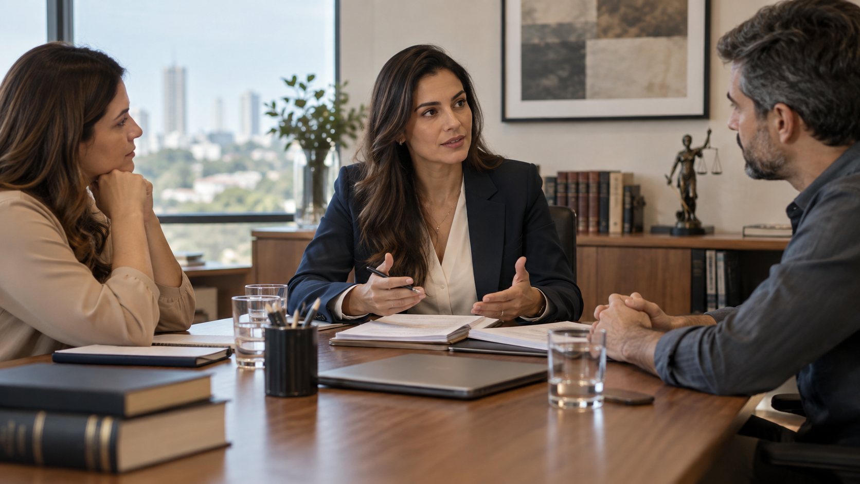 Advogada conduzindo uma conversa de conciliação