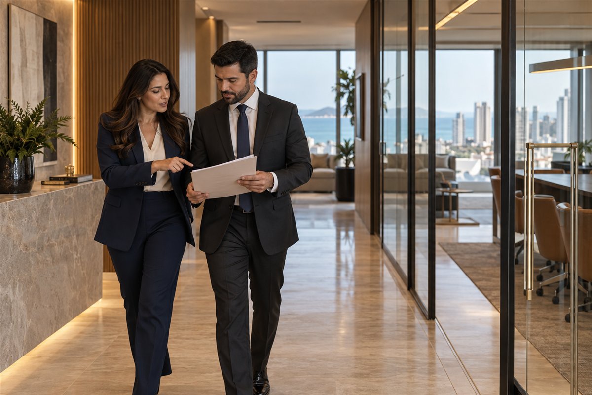 Profissionais analisando um documento em um ambiente corporativo
