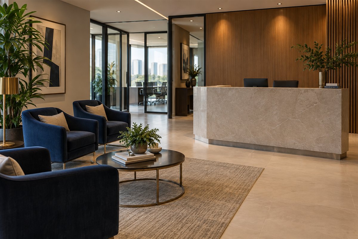 Recepção contemporânea preparada para receber clientes