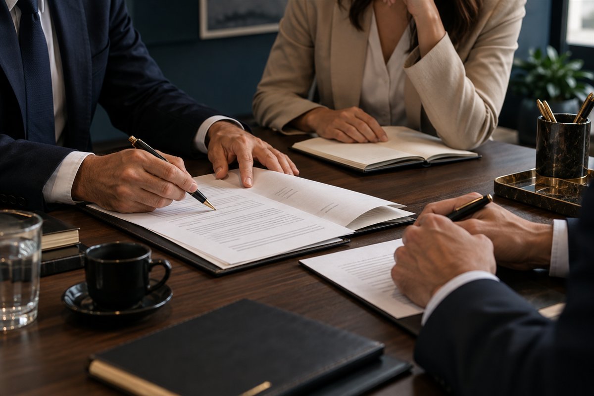 Profissionais revisando documentos durante uma reunião estratégica